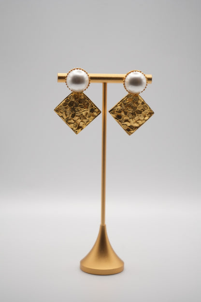 Elegant Gold Coated Floral Relief Earrings with Pearl Accent