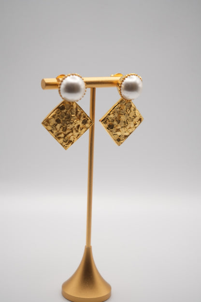 Elegant Gold Coated Floral Relief Earrings with Pearl Accent