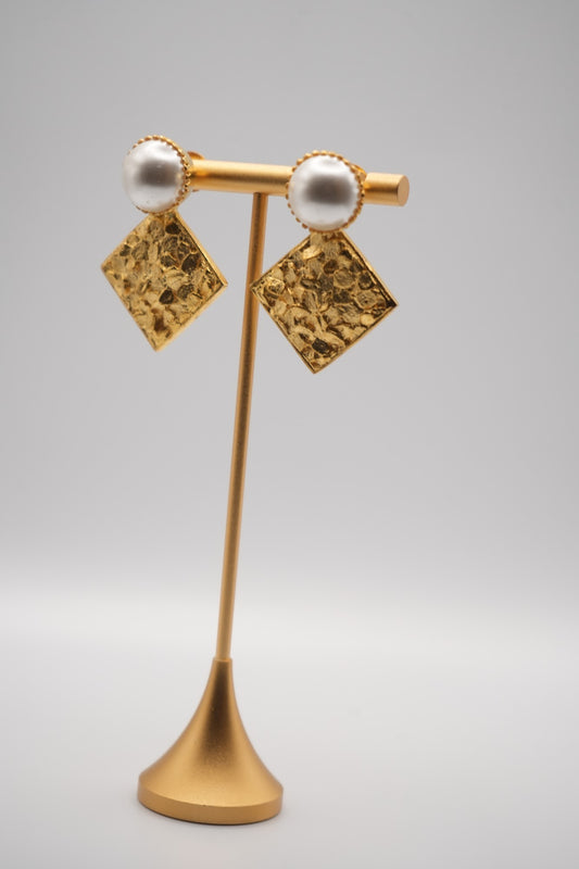 Elegant Gold Coated Floral Relief Earrings with Pearl Accent