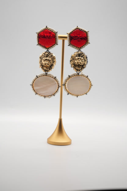 Luxurious Red Stone & Lion Motif Dangle Earrings