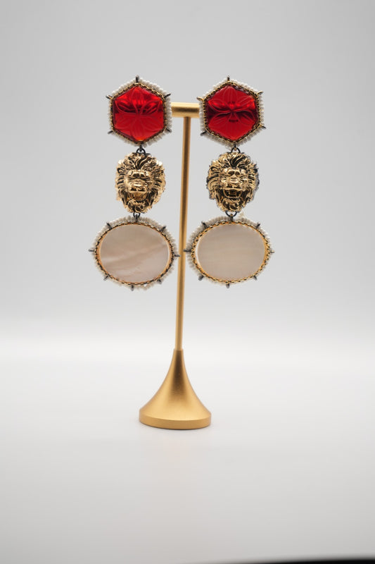 Luxurious Red Stone & Lion Motif Dangle Earrings