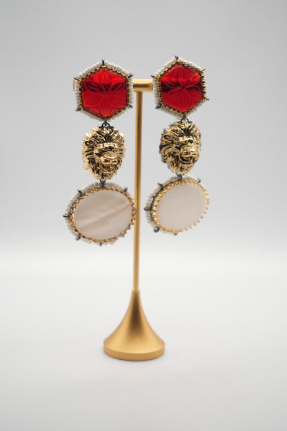 Luxurious Red Stone & Lion Motif Dangle Earrings