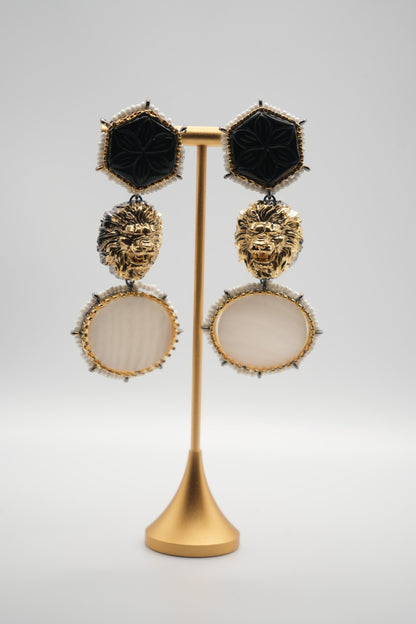 Regal Majesty: Onyx, Lion, and Mother-of-Pearl Statement Earrings