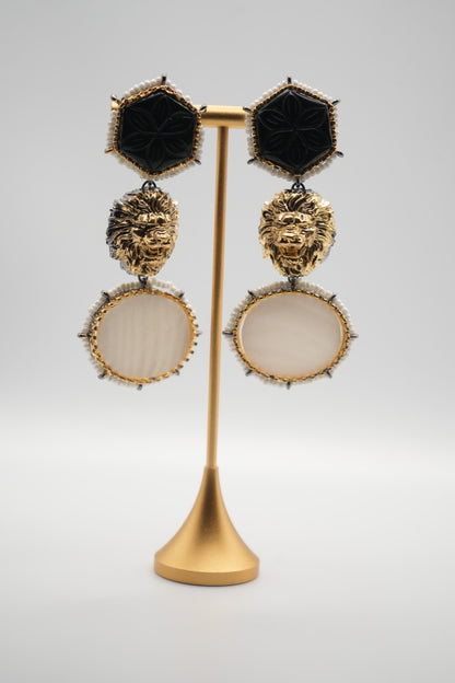 Regal Majesty: Onyx, Lion, and Mother-of-Pearl Statement Earrings