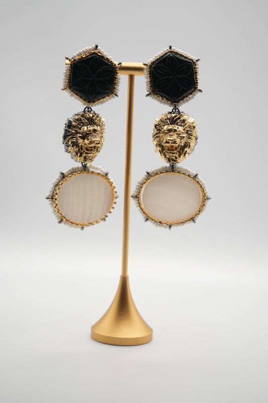 Regal Majesty: Onyx, Lion, and Mother-of-Pearl Statement Earrings