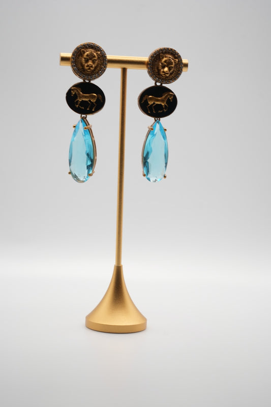 Equestrian Majesty: Lion, Horse, and Aqua Gem Drop Earrings