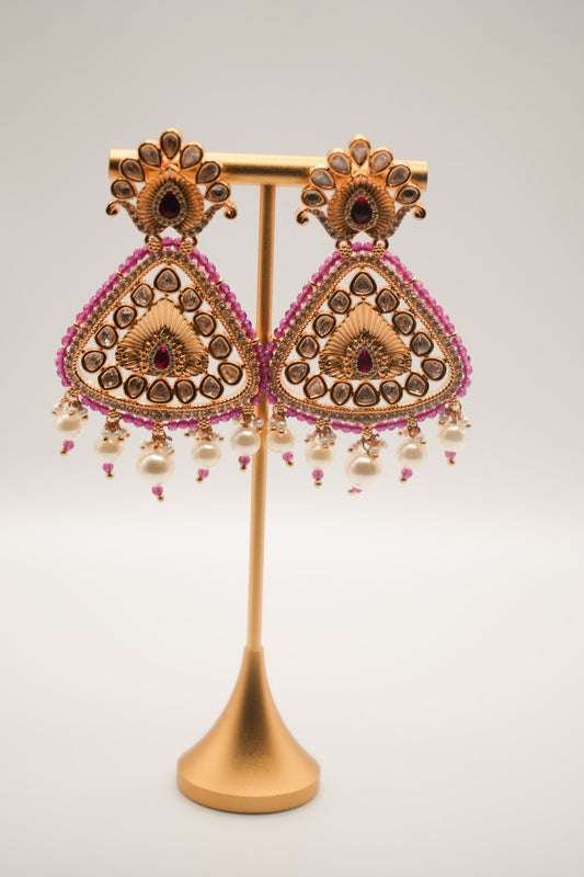 Ruby Radiance: Polki Kundan Chandbali Earrings with Pink Accents