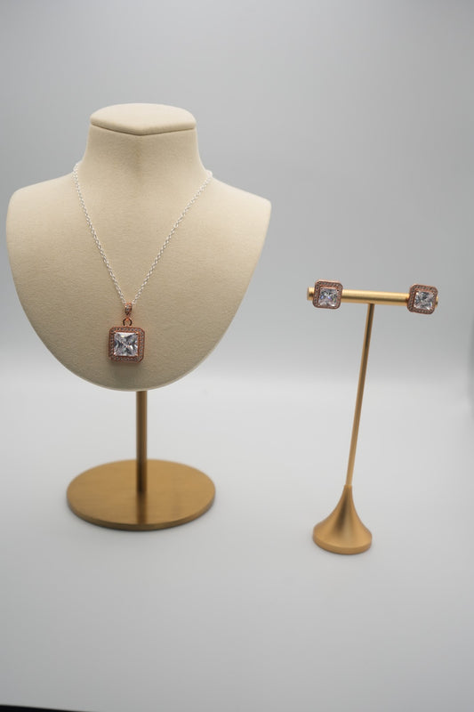 Rose Gold Radiance: Square Halo Pendant Necklace & Earring Set