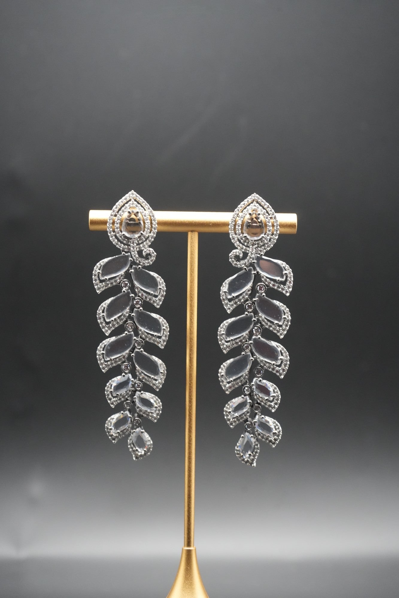 Silver coated Cascade: Sparkling Leaf Drop Earrings