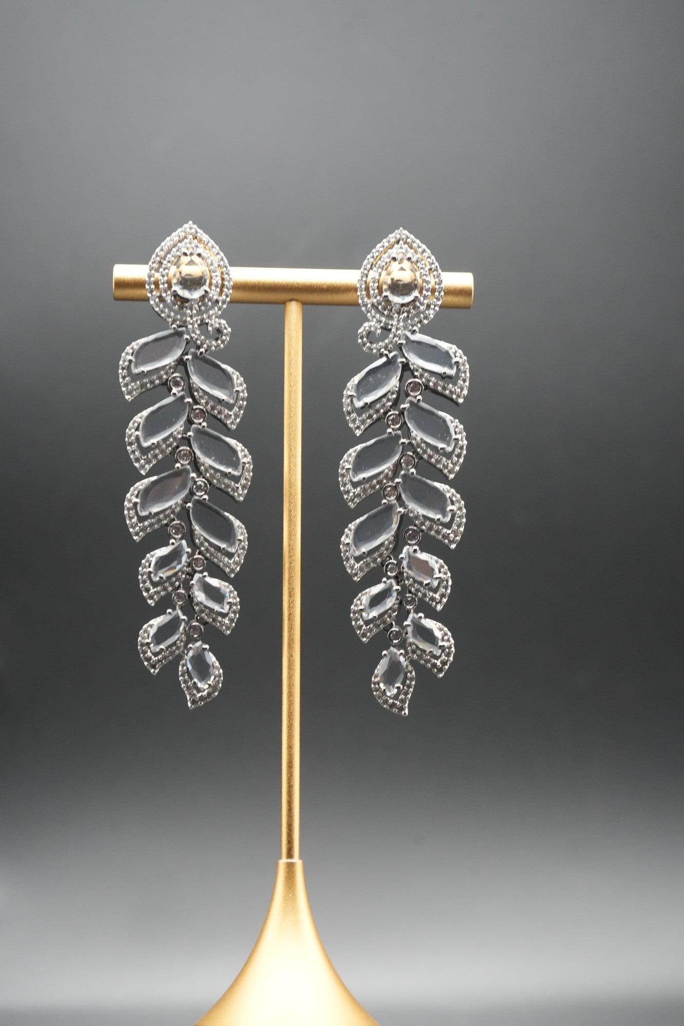 Silver coated Cascade: Sparkling Leaf Drop Earrings