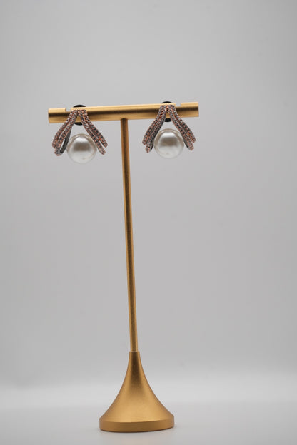 Ribbon Radiance: Pearl and Crystal Bow Drop Earrings
