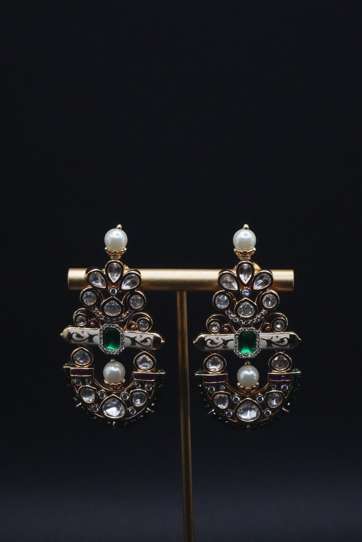 Traditional Gold Accented Earrings with Pearls and Green Gemstone