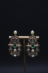 Traditional Gold Accented Earrings with Pearls and Green Gemstone