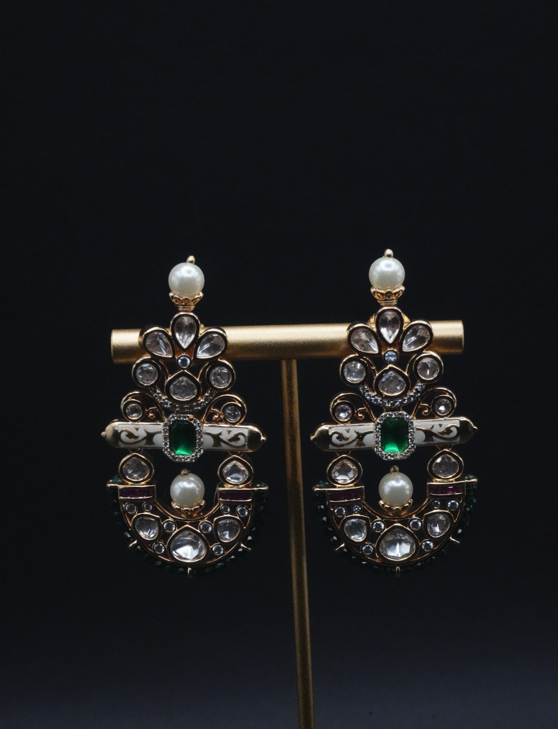 Traditional Gold Accented Earrings with Pearls and Green Gemstone