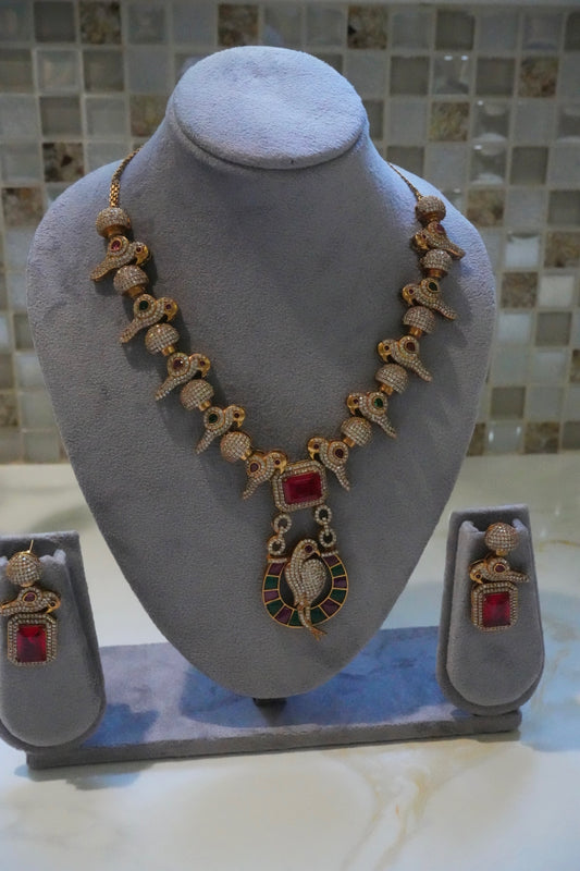 Regal Ruby & CZ Bird Motif Necklace Set