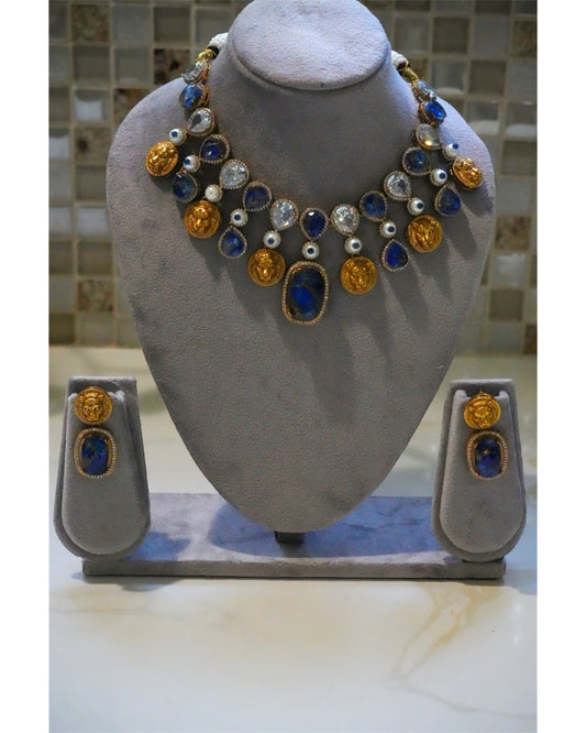 Ethnic Inspired Blue Stone & Gold Lion Motif Jewelry Set