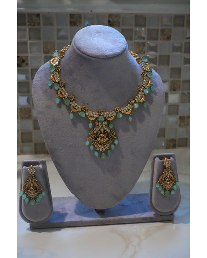 Exquisite Aqua Kundan & Goddess Motif Necklace Set