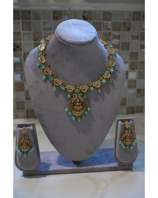 Exquisite Aqua Kundan & Goddess Motif Necklace Set