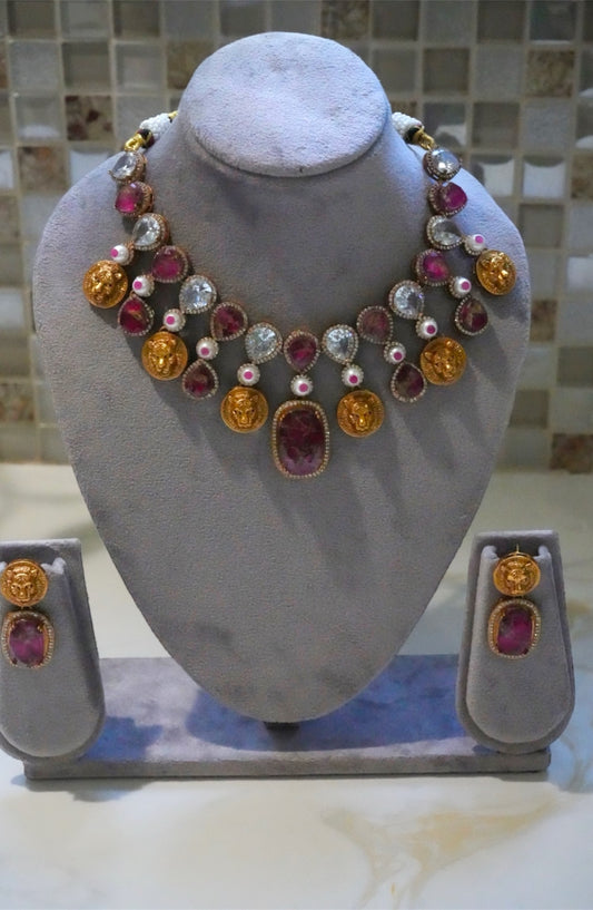 Regal Ruby & Lion Head Gold-Tone Necklace Set