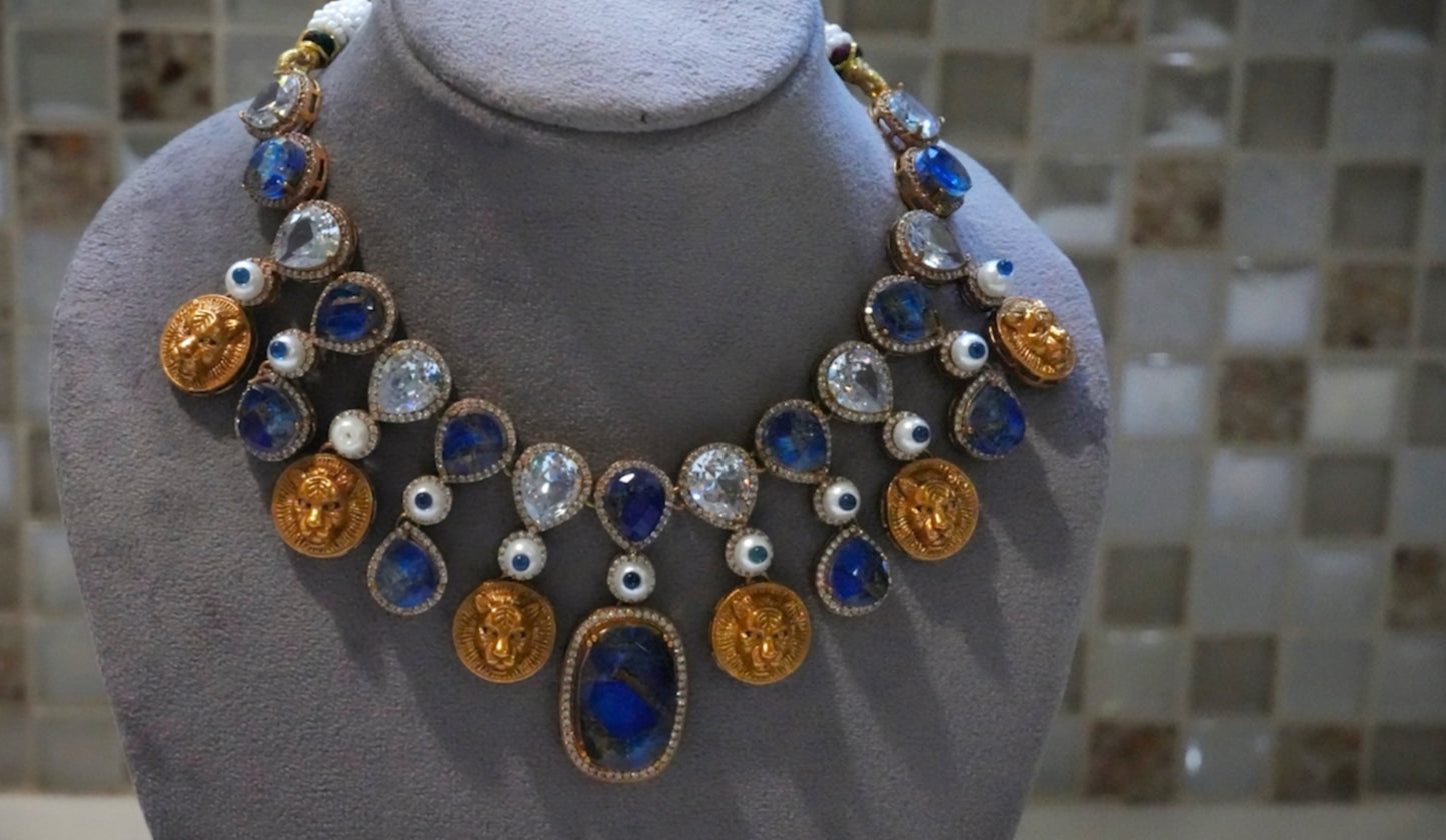 Ethnic Inspired Blue Stone & Gold Lion Motif Jewelry Set