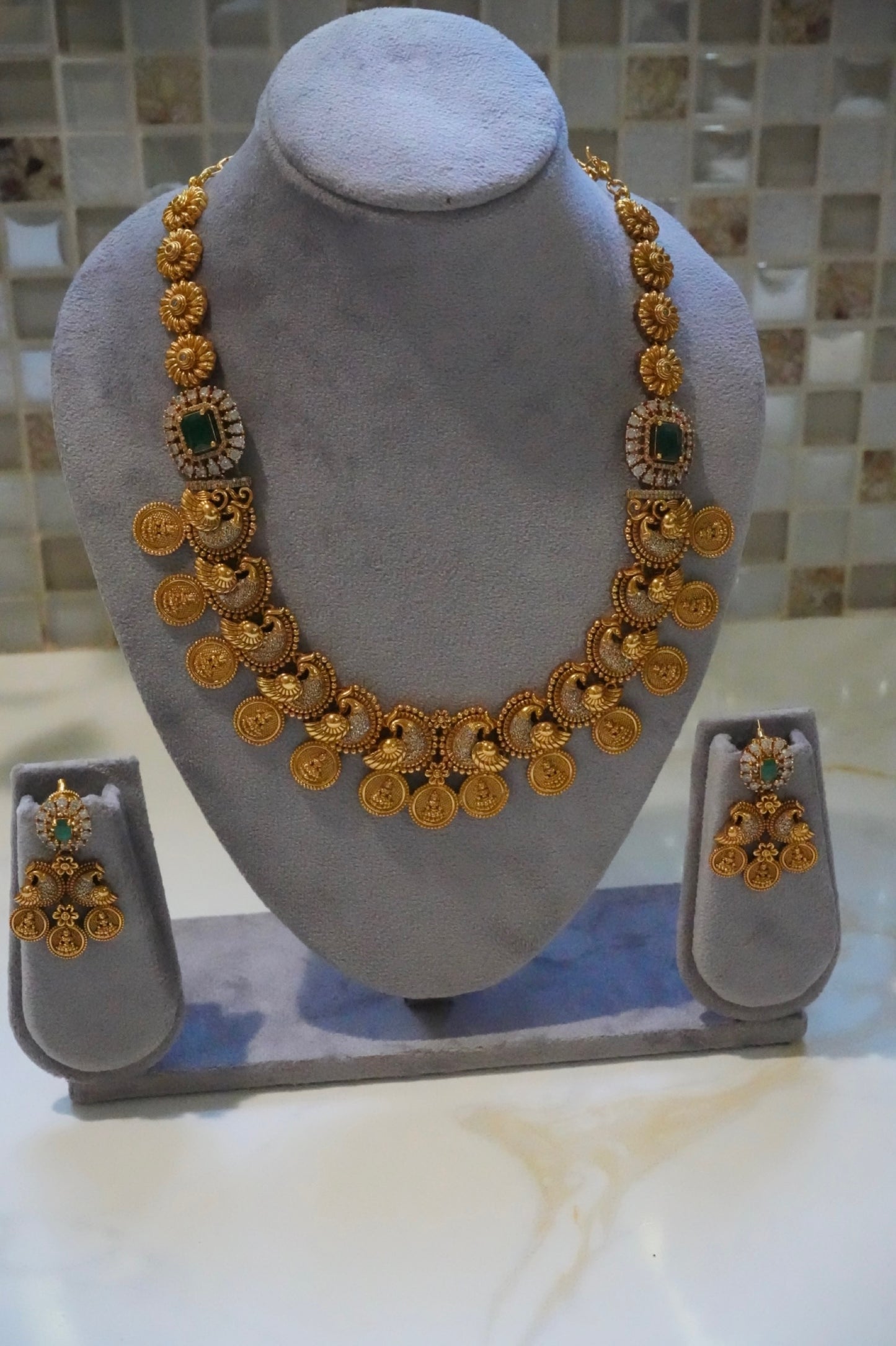 Traditional Green Stone & Gold Peacock Coin Necklace Set