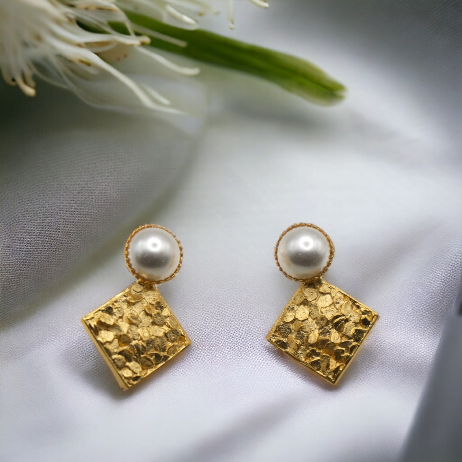 Elegant Gold Coated Floral Relief Earrings with Pearl Accent