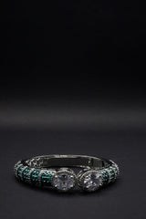 Stunning Silver coated Open Cuff Bangle with Emerald Green and Clear Crystal Accents