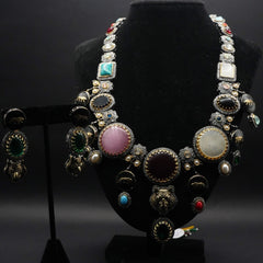 Statement Multi-Stone and Metal Necklace with Matching Earrings