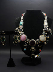 Statement Multi-Stone and Metal Necklace with Matching Earrings