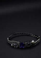 Elegant  Bangle with Purple Square Gemstone, Floral Motifs, and Pearl Accents