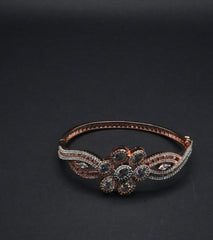 Elegant Rose Gold coated Bangle with Floral Motif CZ Crystals