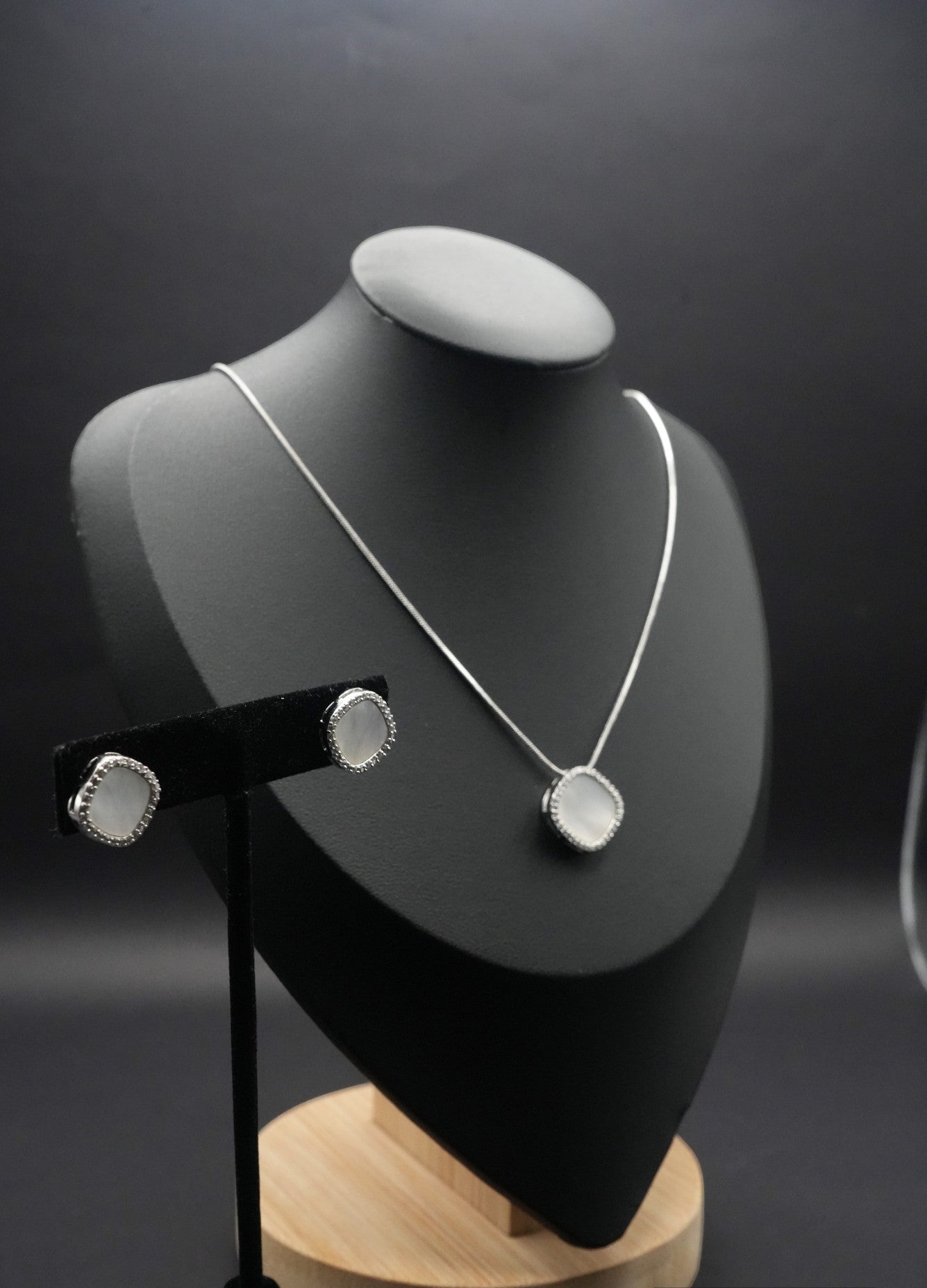 Modern Silver coated Necklace and Earring Set with Frosted Square Pendants