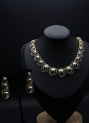 Opulent Pearl and Crystal Necklace and Earring Set with Dual-Tone Finish