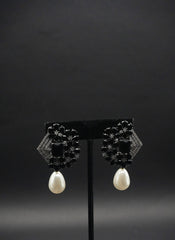 Elegant Black Stone and Pearl Drop Earrings