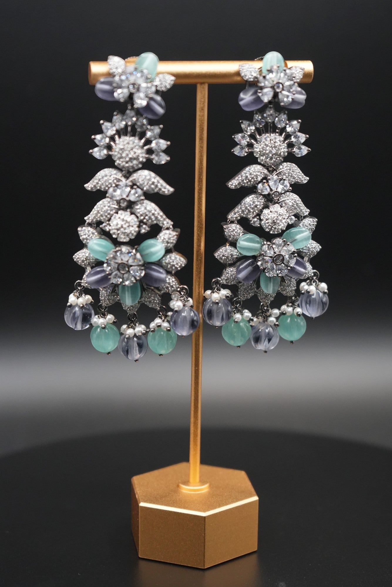 Stunning  AD Earrings with Sea Blue and Grey pearls