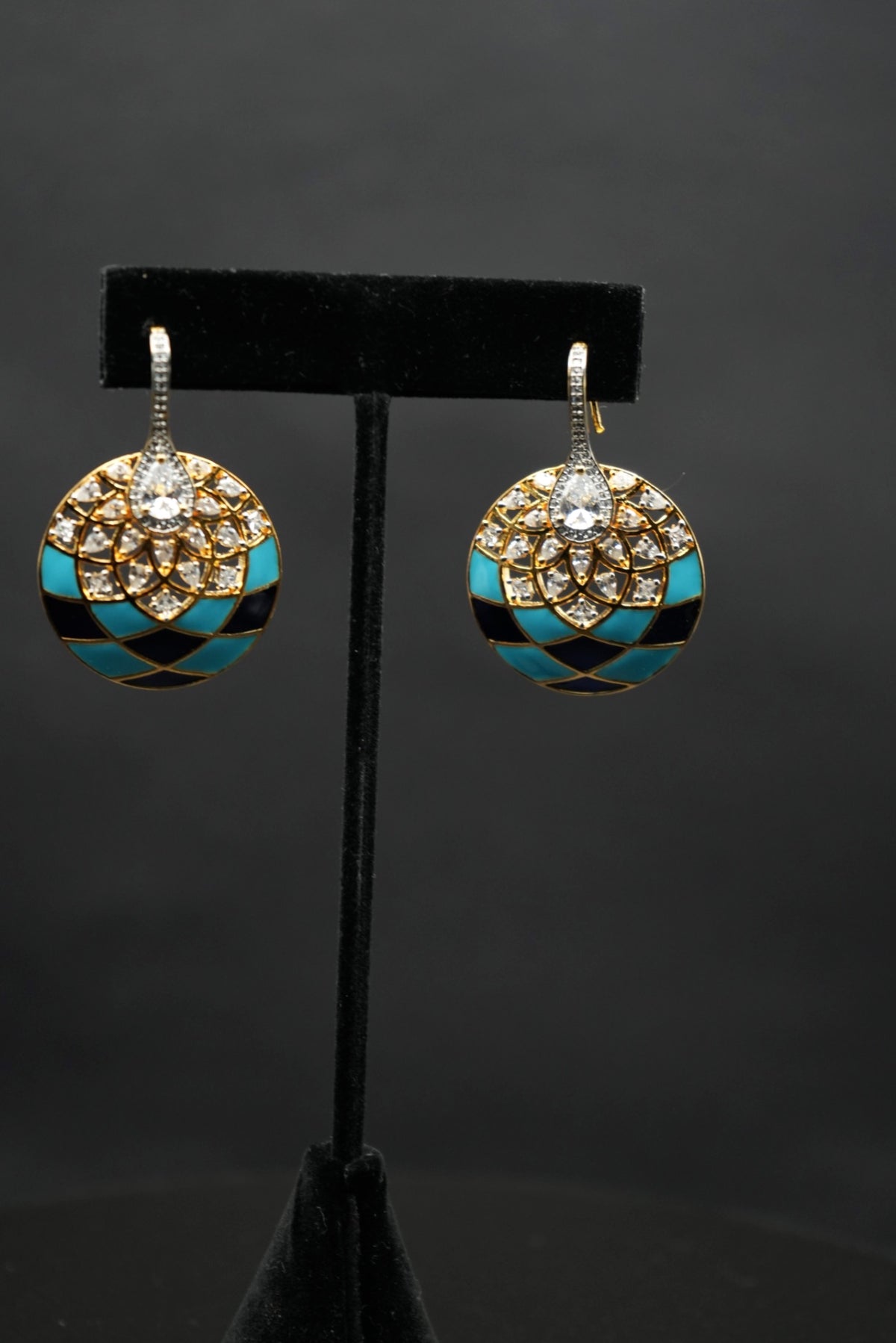 Vibrant Mosaic: Turquoise, Black, and Crystal Drop Earrings