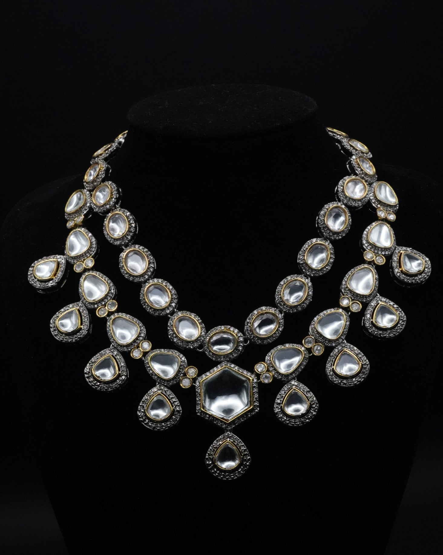 Regal Multi-Layered Necklace and Earring Set with Mirror Work and Crystal Embellishments