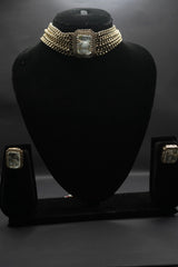 Statement Stone Choker Necklace and Earring Set in Ash White and Gold