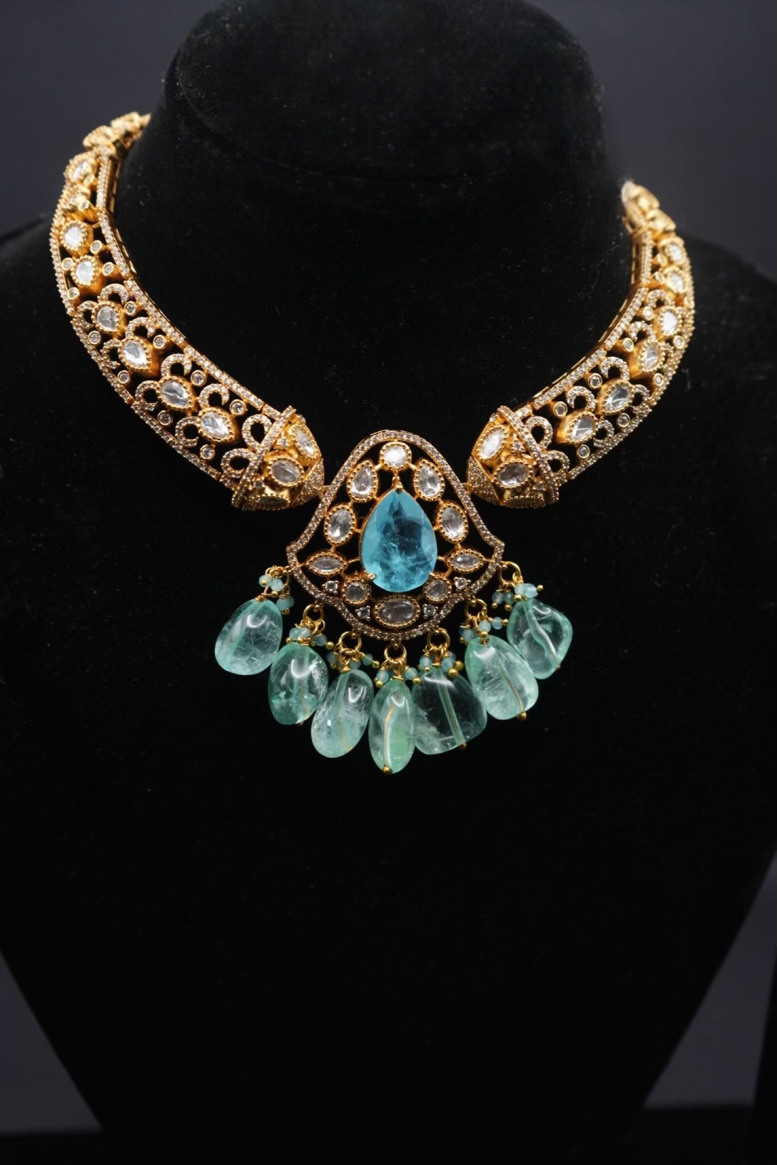 Exquisite Gold-Plated Necklace and Earring Set with Aqua-Toned Accents