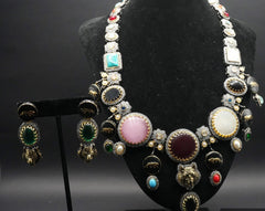 Statement Multi-Stone and Metal Necklace with Matching Earrings