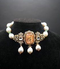 Antique Gold coated and Pearl Necklace with Matching Earrings