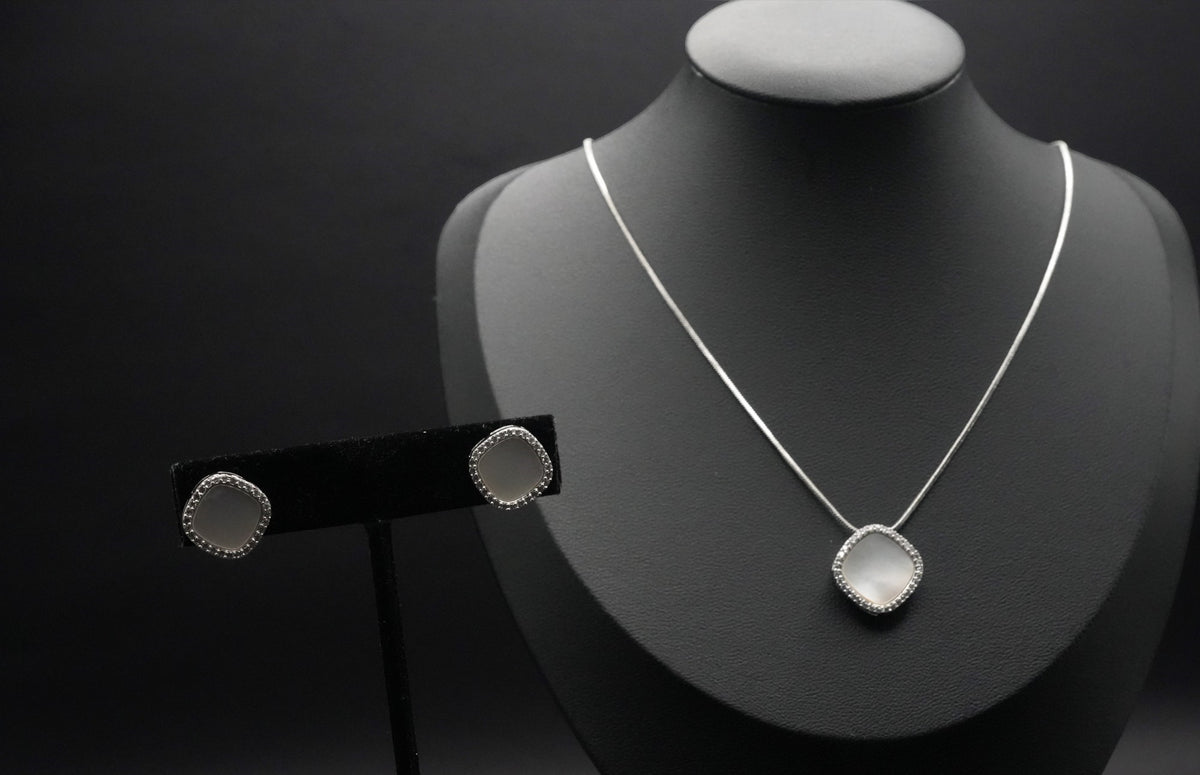 Modern Silver coated Necklace and Earring Set with Frosted Square Pendants