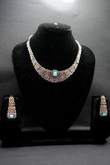 Intricate Silver-Plated Necklace With rose gold combination Set with Aquamarine Accents