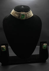 Striking Green Stone Choker Necklace and Earring Set