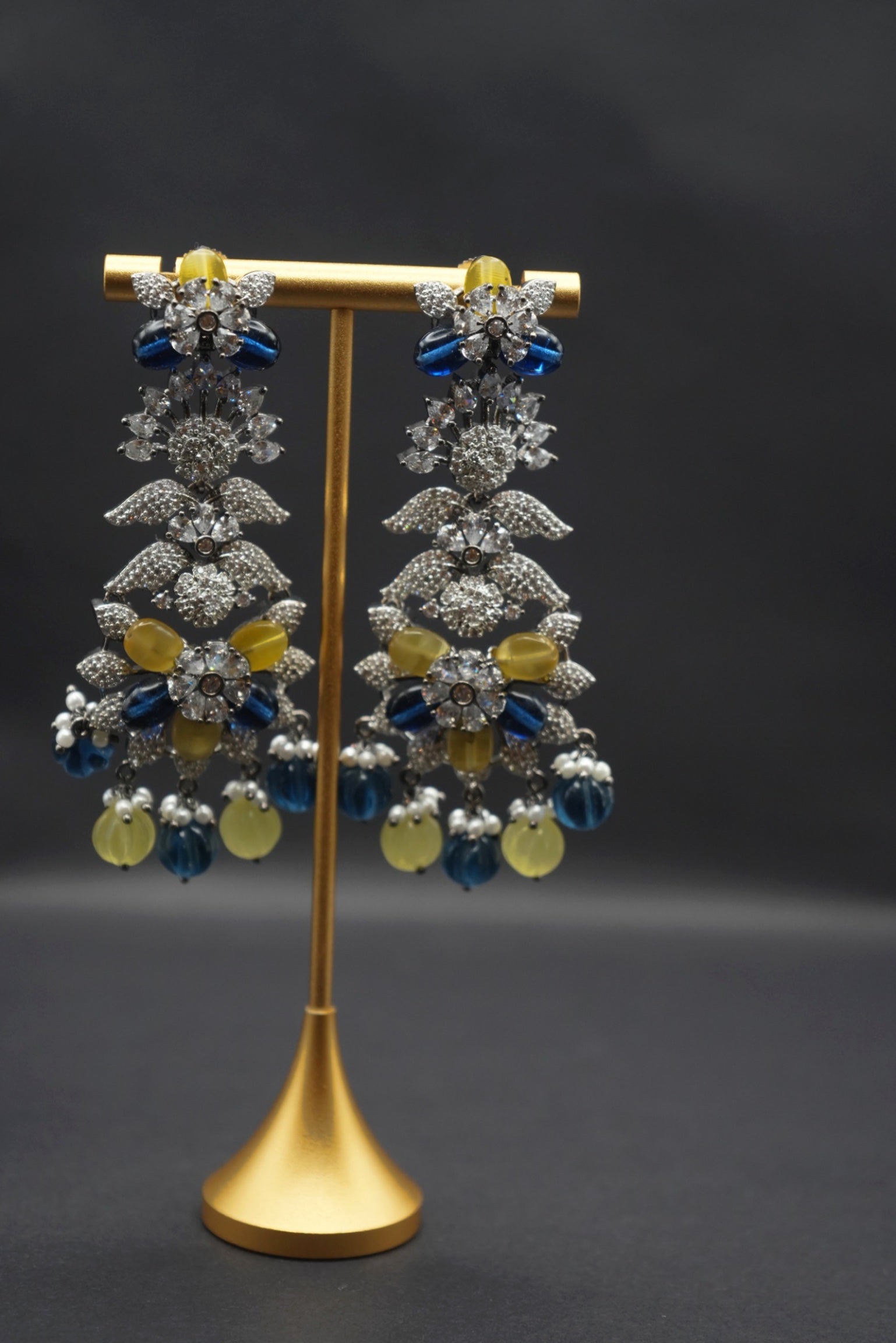 Vibrant Blue and Yellow Crystal Statement Earrings