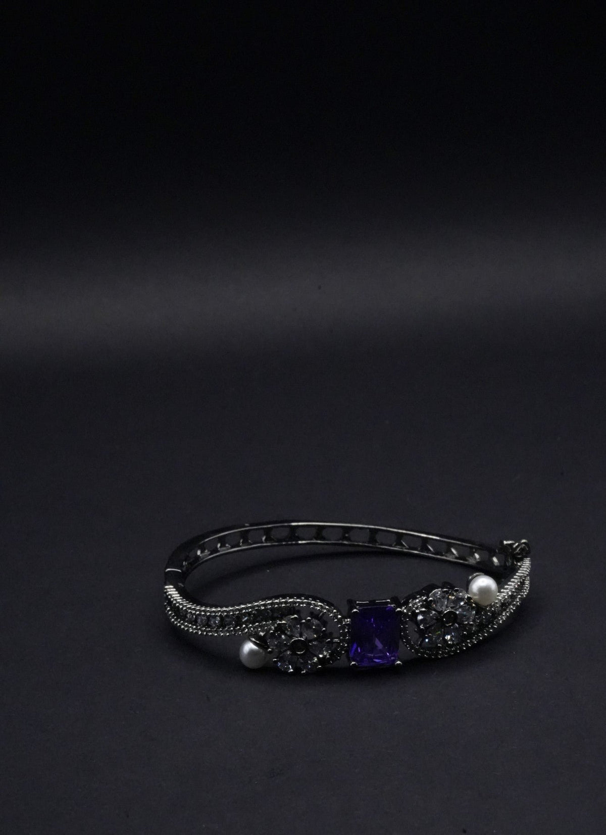 Elegant  Bangle with Purple Square Gemstone, Floral Motifs, and Pearl Accents