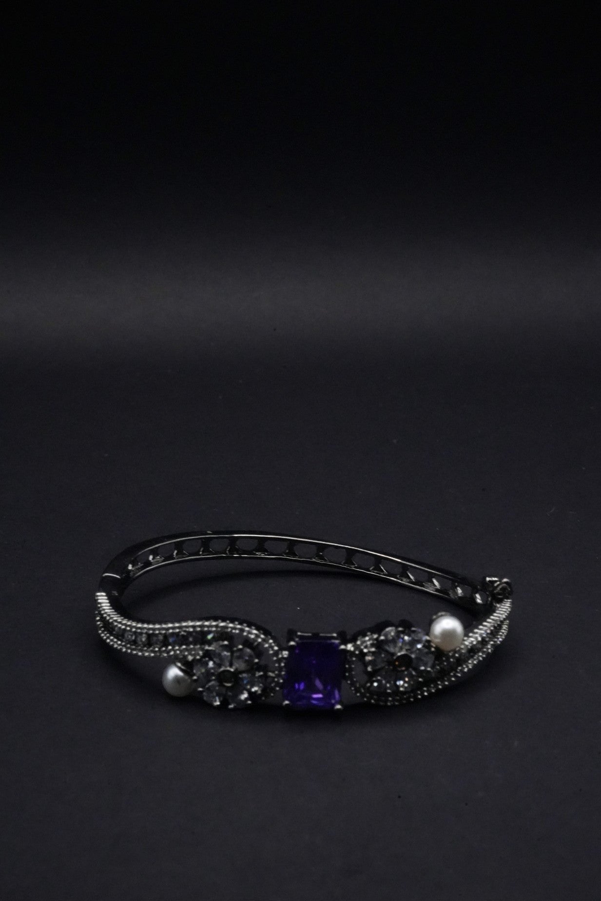 Elegant  Bangle with Purple Square Gemstone, Floral Motifs, and Pearl Accents