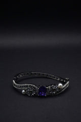 Elegant  Bangle with Purple Square Gemstone, Floral Motifs, and Pearl Accents