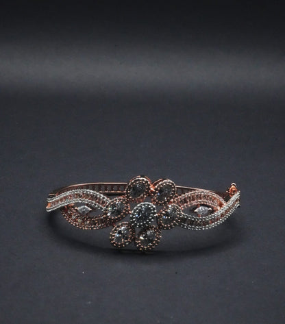 Elegant Rose Gold coated Bangle with Floral Motif CZ Crystals