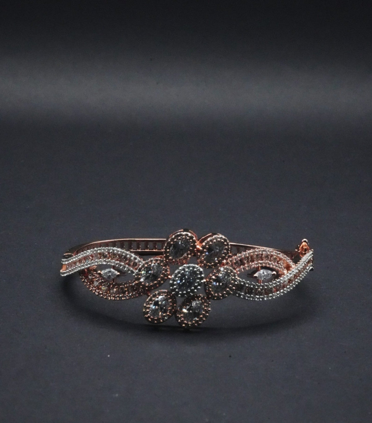 Elegant Rose Gold coated Bangle with Floral Motif CZ Crystals